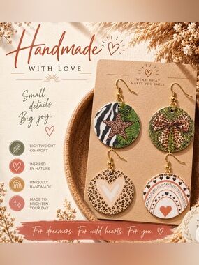 Handmade Round Statement Earrings - Animal & Heart Prints - Rainbow
